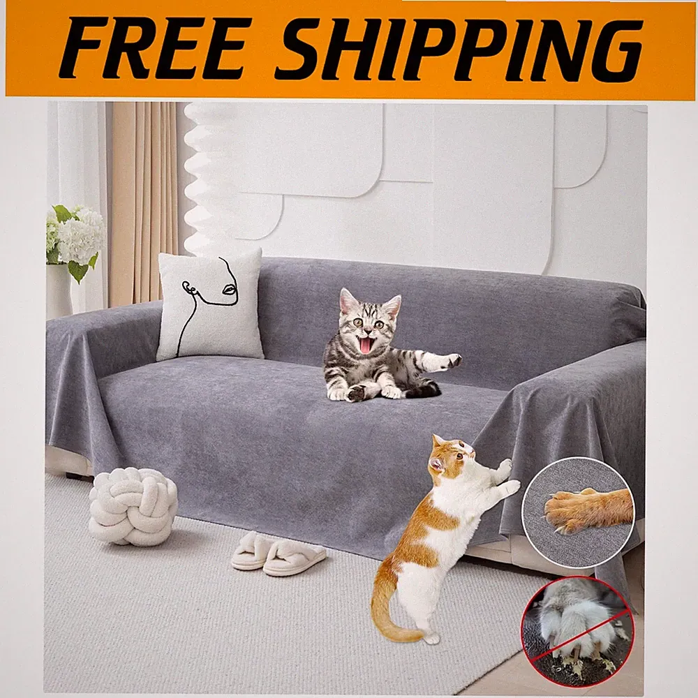 Waterproof Cat Scratch Sofa Cover - Stylish Gray Protector for 3-Cushion Couch=`