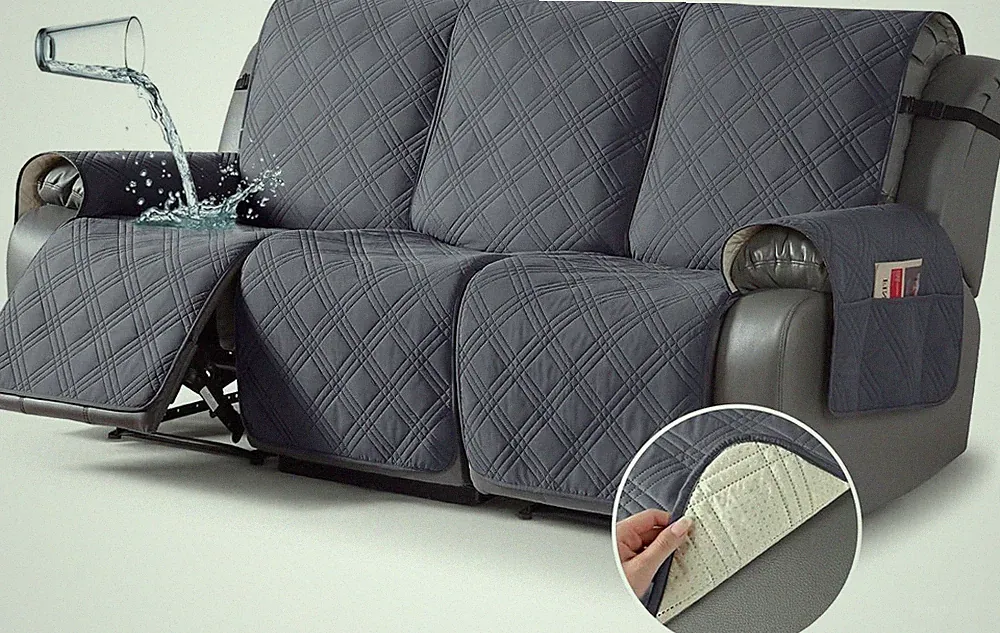 Waterproof Dark Grey Recliner Sofa Cover for 3-Seater with Non-Slip Straps