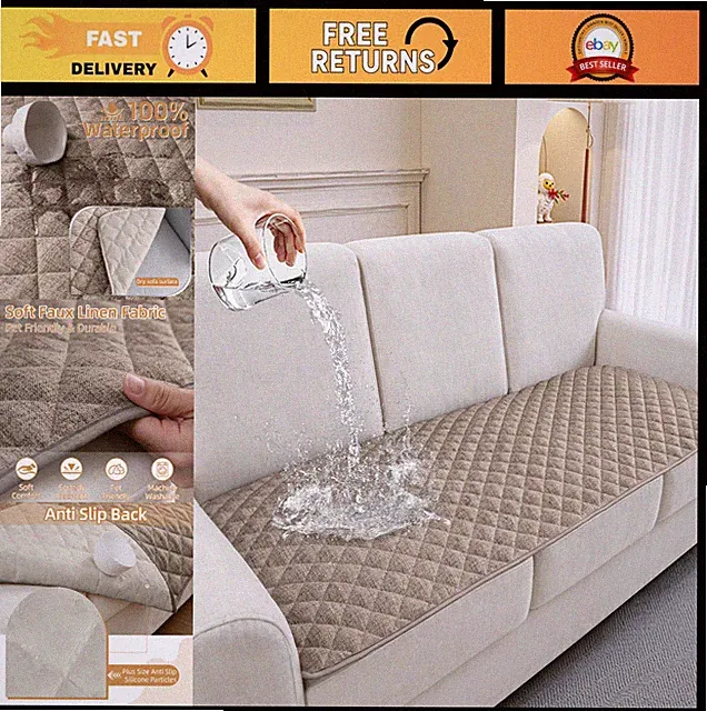 Waterproof Dog Couch Cover - Washable Faux Linen Sofa Slipcover, Non-Slip, Pet F