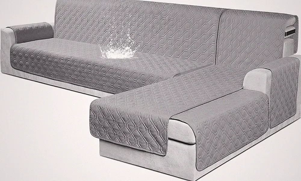 Waterproof L-Shaped Sectional Couch Cover - Reversible Pet Protector, Light Gray