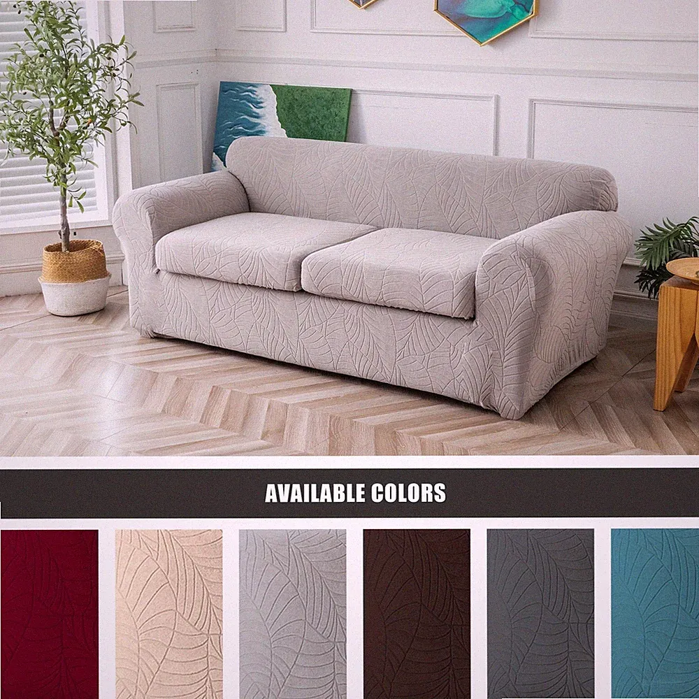 Waterproof leaf textured jacquard stretch sofa cover with cushion cover - soft