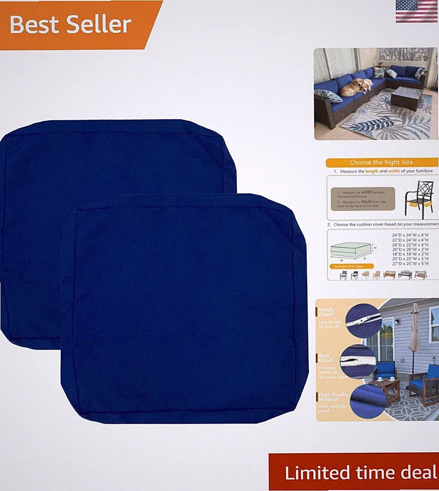 Waterproof Outdoor Cushion Covers 28x28x6 - 2 Pack Stylish Chair Pads in Blue