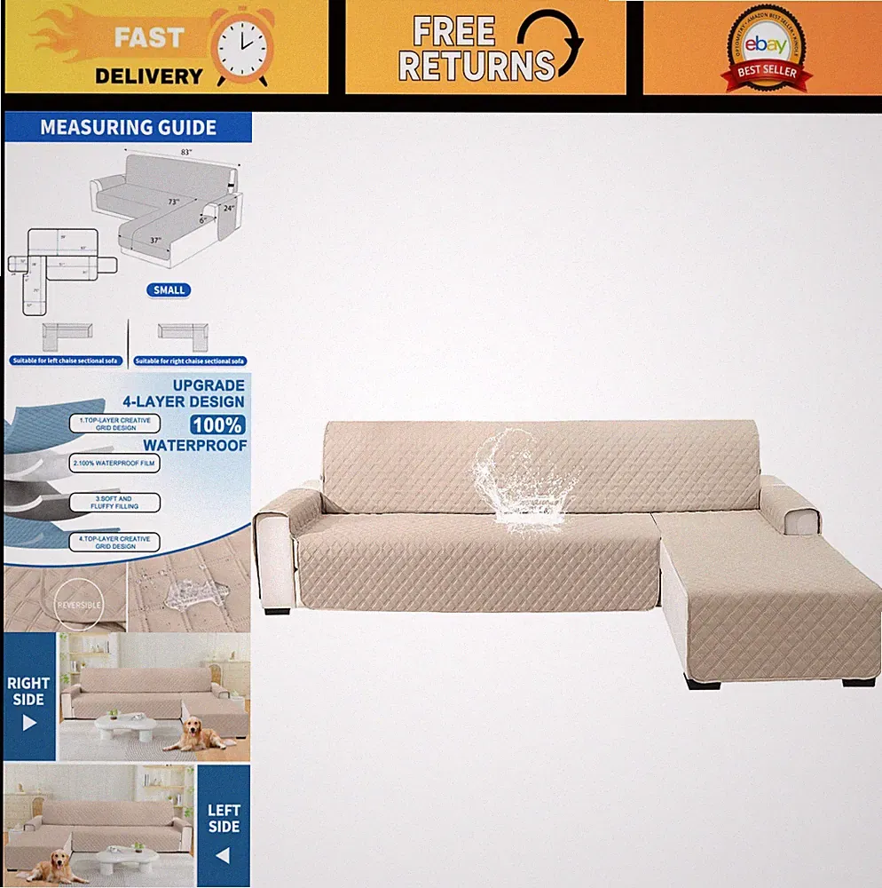 Waterproof Reversible Sectional Couch Cover for Pets, Washable L-Shaped Sofa Pro