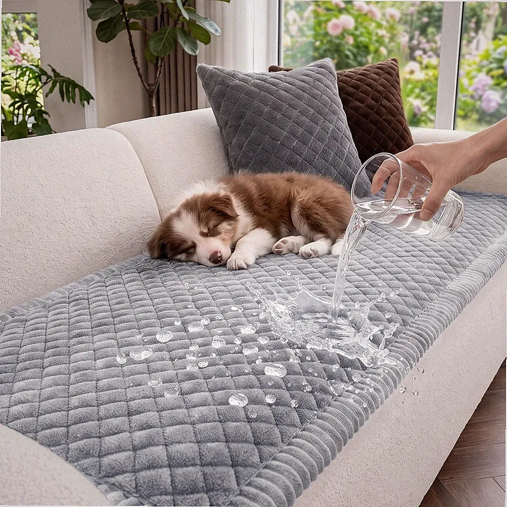 Waterproof Sofa Cover Pet Dog Cat Washable Flannel Protector Light Gray 27x59 In