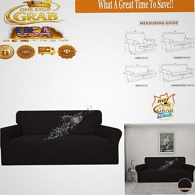 Waterproof Sofa Cover Stretch Jacquard Dustproof Pet Kids Leakproof Black