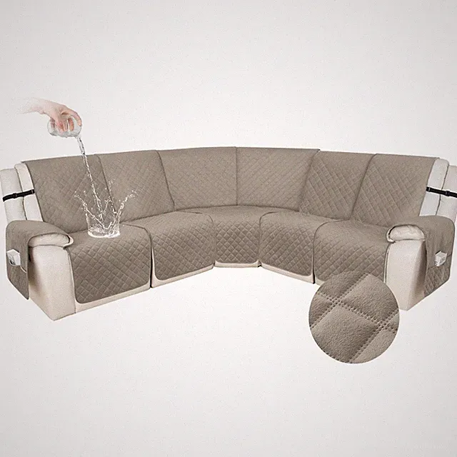 Waterproof Velvet Recliner Sectional Couch Cover 5-Seat L-Shaped Khaki Slipcover
