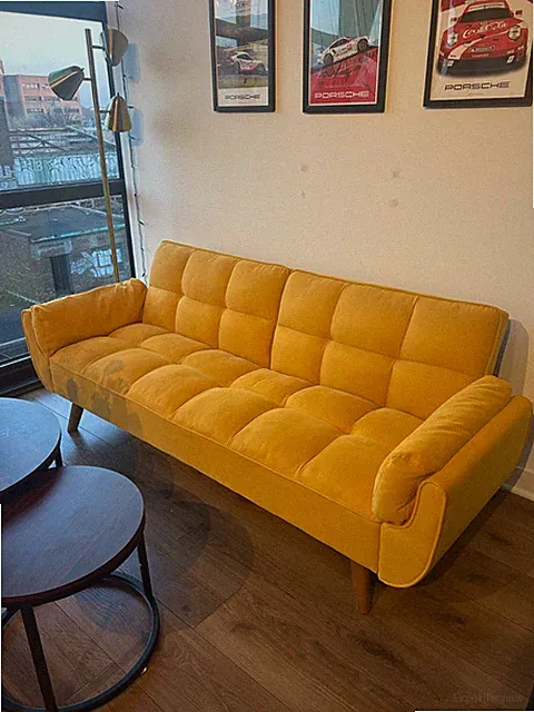 Wayfair Futon Sofa, Golden Mustard Color, Excellent Condition. AVAILABLE APRIL 7