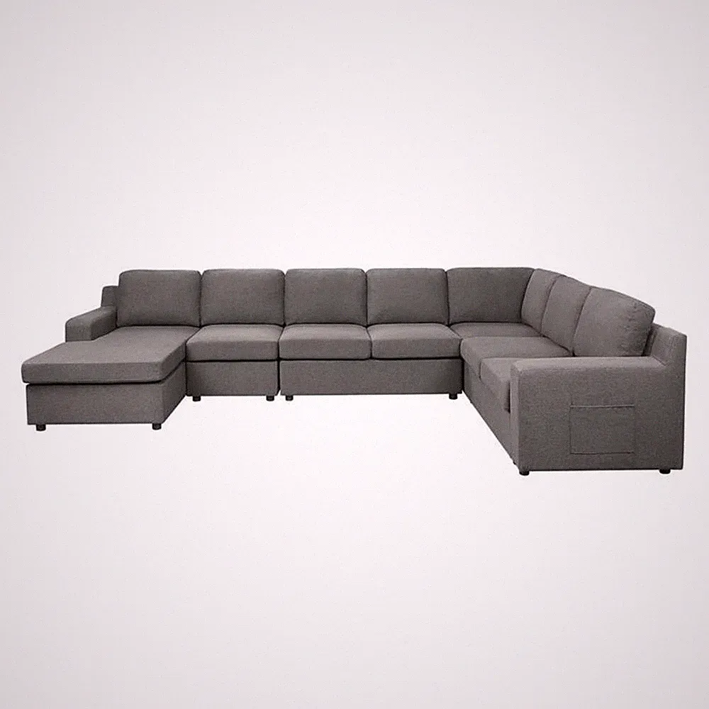 Waylon Gray Linen Fabric 7-Seater U-Shape Sectional Sofa Chaise with Pocket