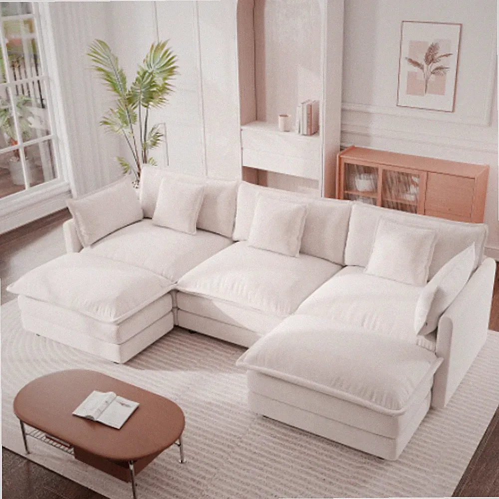 Wear-Resistant Modular Sofa With Three Seat White Finish U-Shaped Sectional Sofa