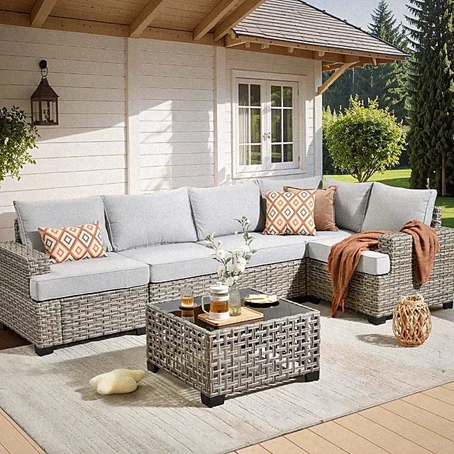 WEAXTY 6 Pieces Patio Furniture Set, Outdoor Sectional Sofa Couch with Solar Cof
