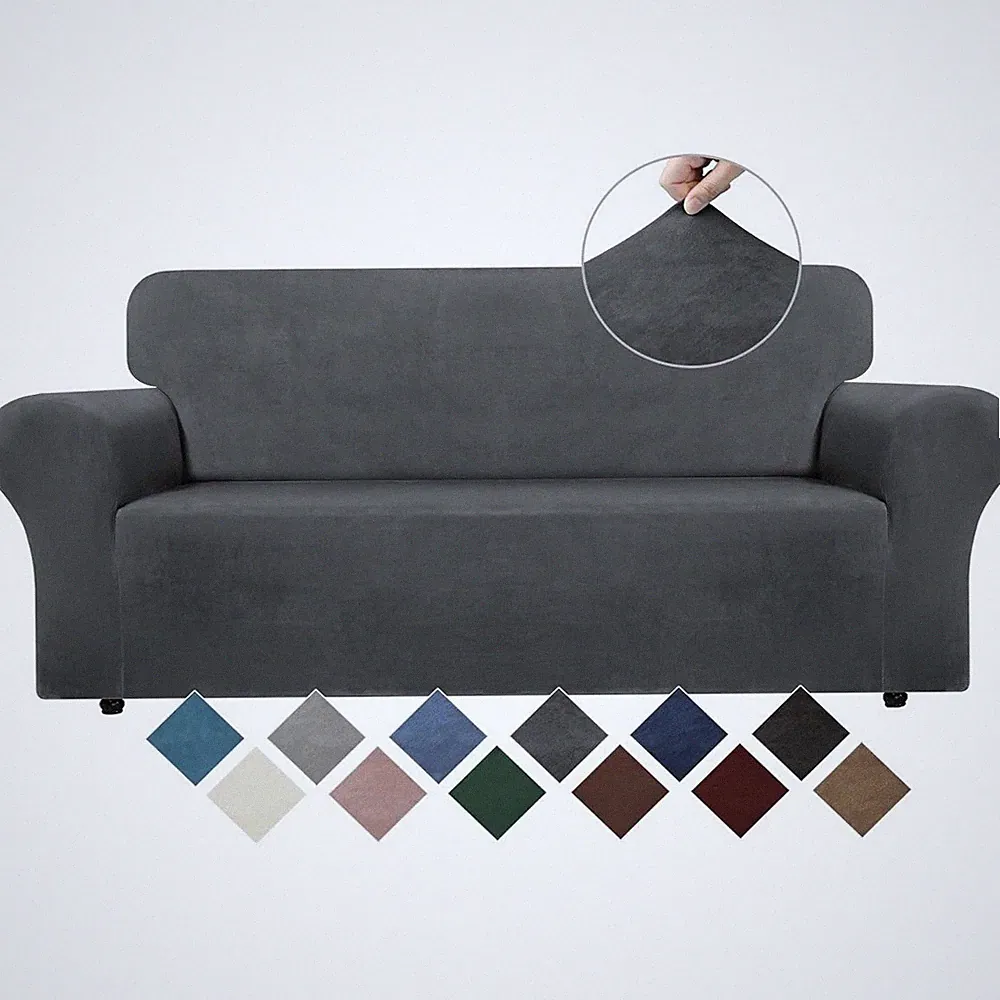 WEERRW Velvet Sofa Cover Stretch Elastic Furniture Protector Dark Gray Medium