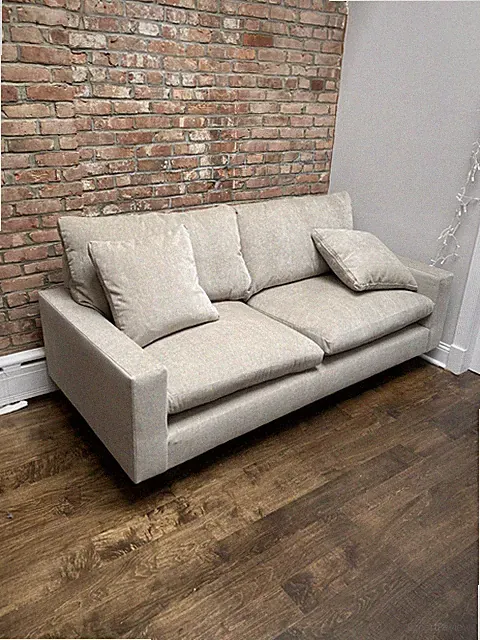 West Elm Harmony Sofa 76" – Dune Distressed Velvet, Walnut Legs – Excellent Cond