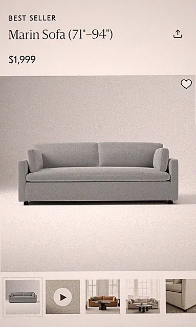 West Elm Marin 86” Grey Sofa