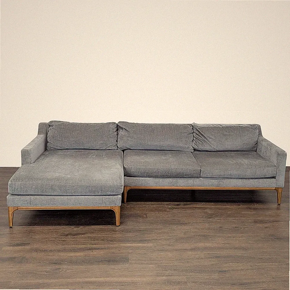 West Elm Parker Gray Sectional Sofa with Chaise and Wood Base