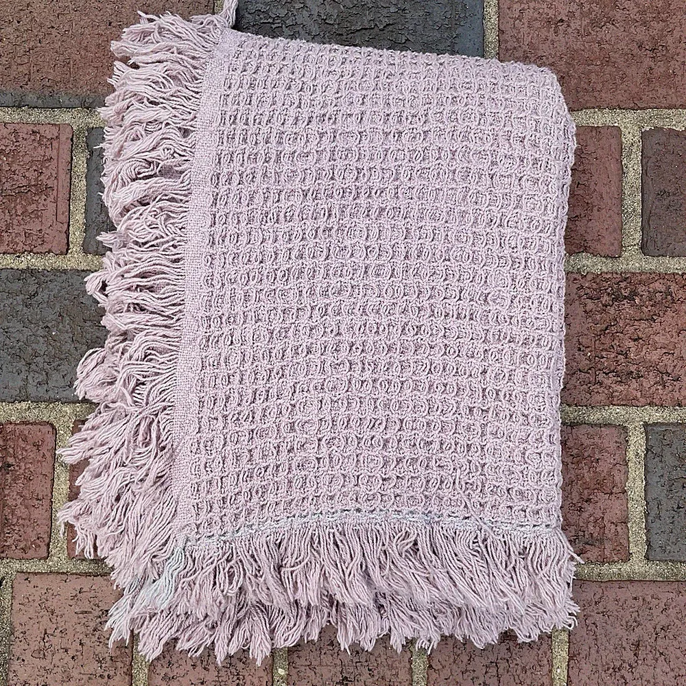 West Elm Pink Blanket 50”x60” Cotton Knit Waffle Weave Fringe Throw Lap Sofa