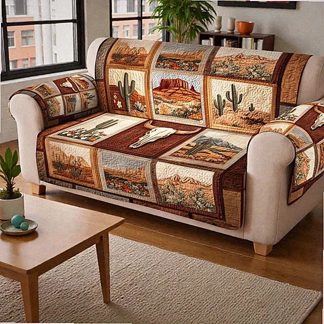 Western Desert Quilt Sofa Cover, Cowboy Cactus Canyon Farmhouse Decor Throw Sets