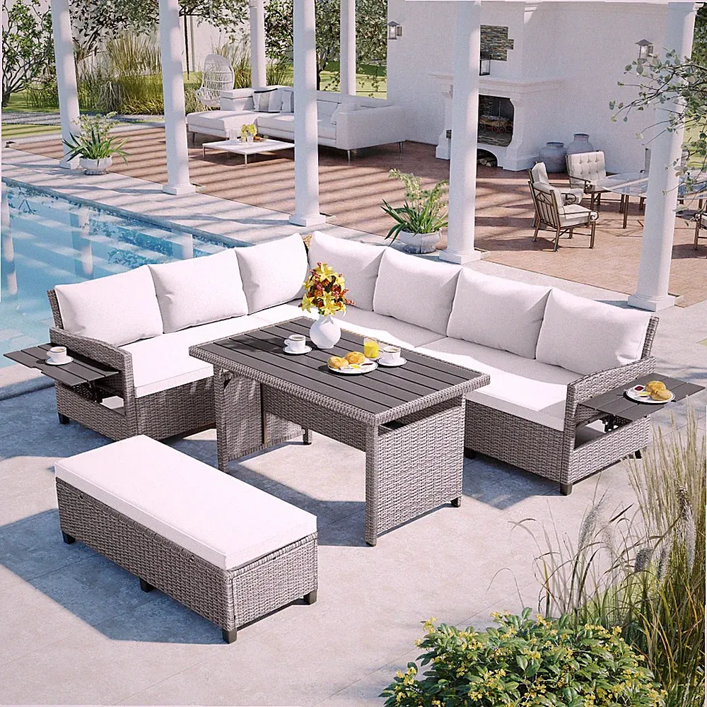 White 5-Piece Rattan Sectional Sofa w/ Tables & Washable Cushions