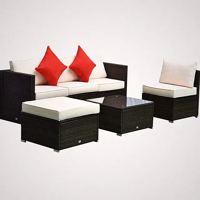White 6-Piece Outdoor Couch Set 4-Sectional Seats Ottoman + Glass Table