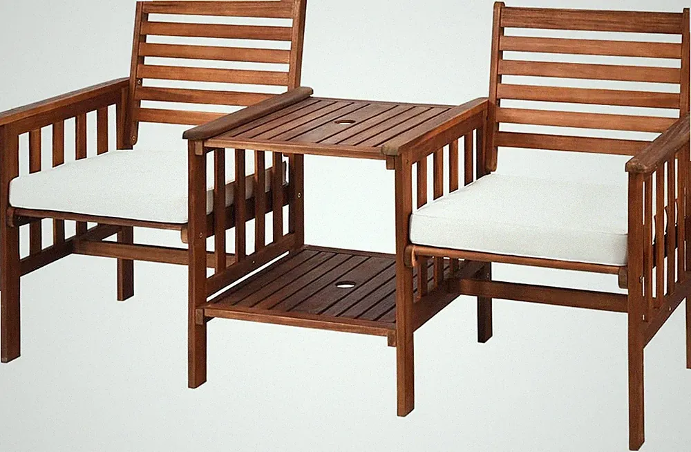 White Acacia Wood Loveseat Set with Cushions & Umbrella Hole - 3 Pcs