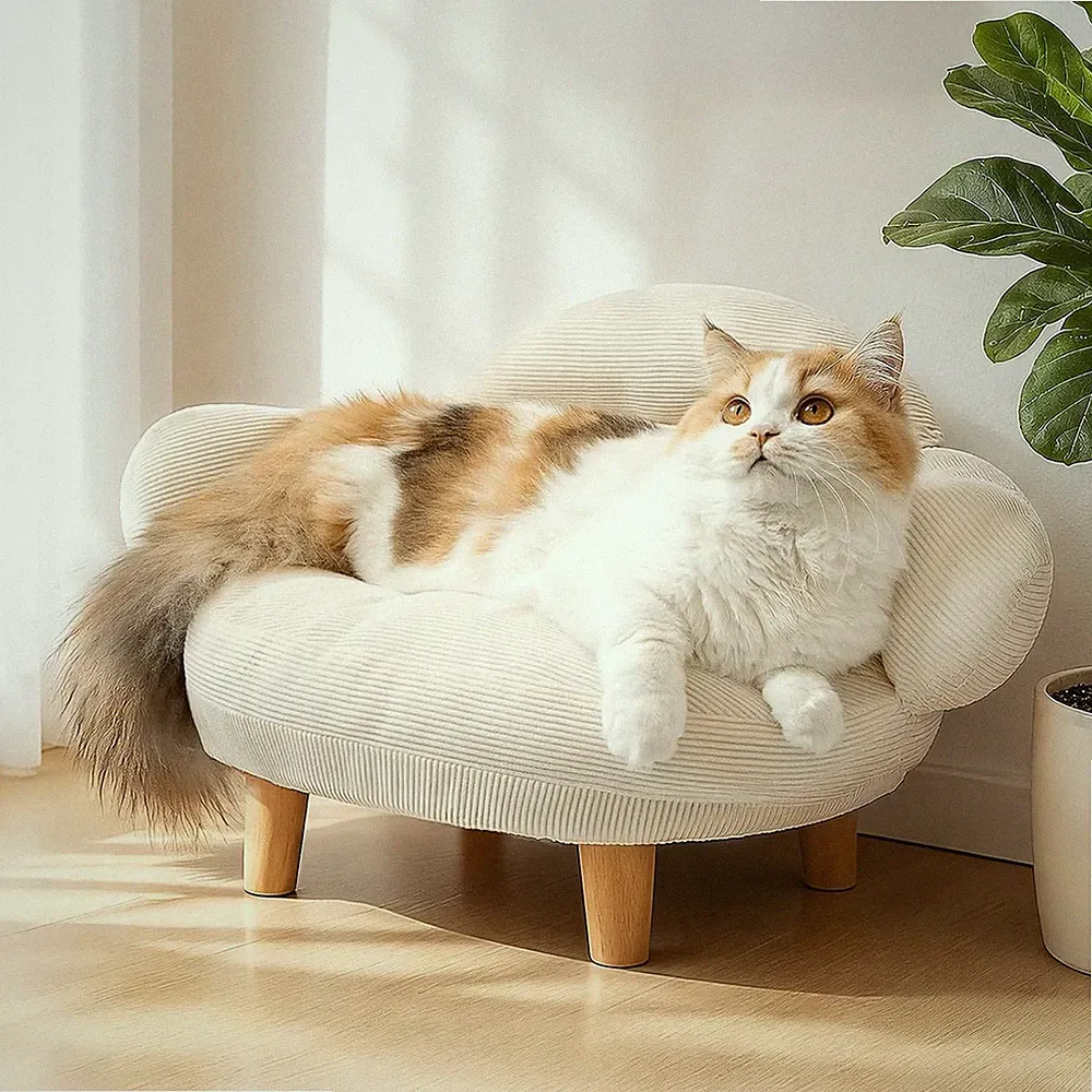 White Cat Sofa Bed Furniture Style Pet Couch W/ Pine Wood Legs Removable Cotton