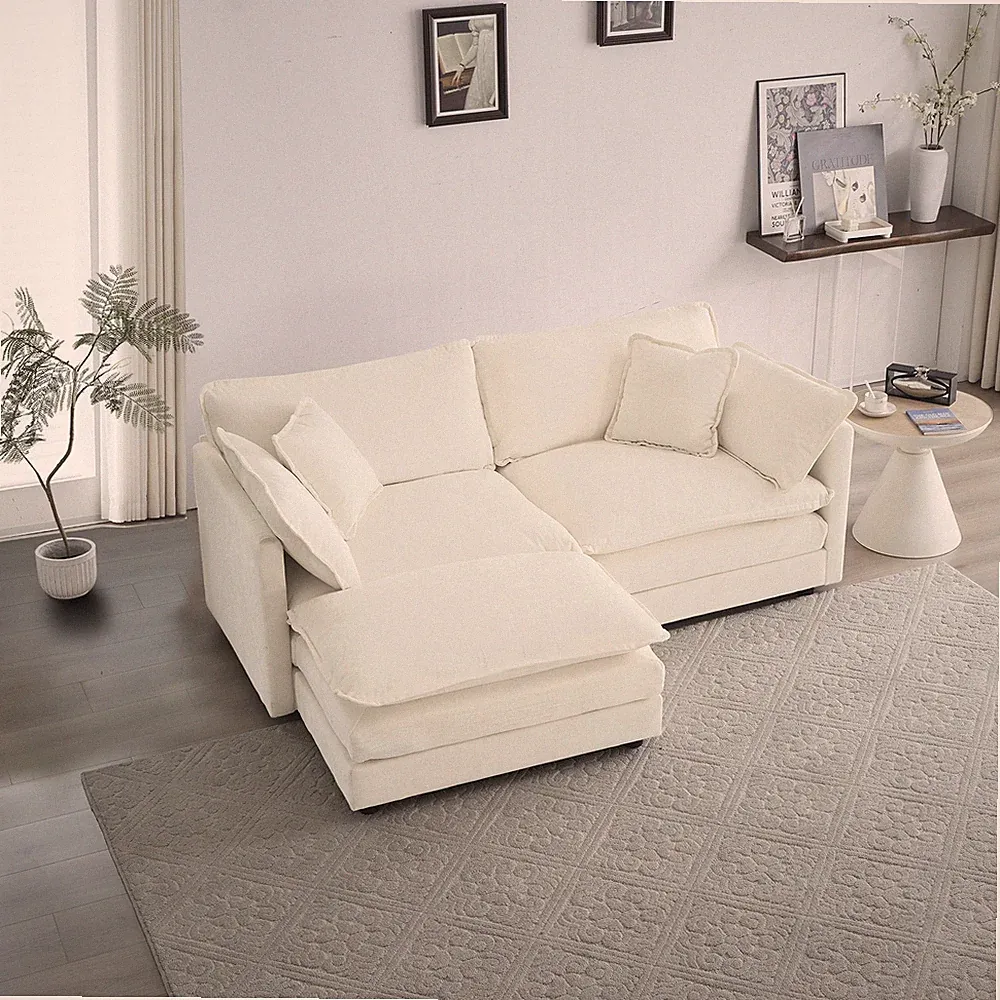 White Chenille 2-Seater L-Shaped Sectional Sofa w/ Ottoman, Small Space Loveseat