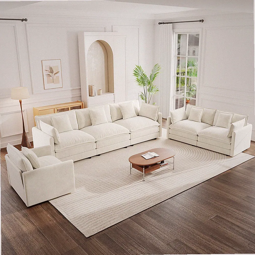 White Chenille 3-Piece Sectional Sofa Set with Ottoman, Plush Seats