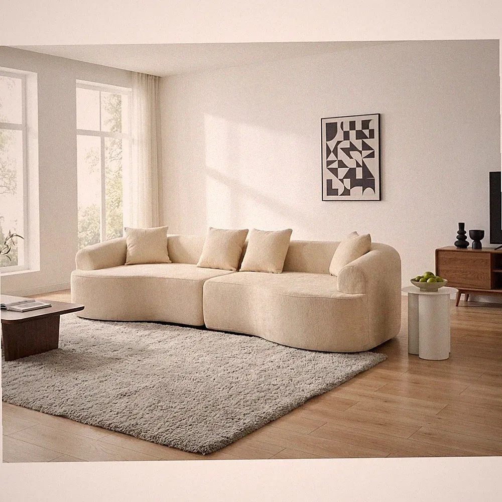 White Chenille Curved Sectional Sofa w/ Sleeper, 108” L, for Living Room Bedroom