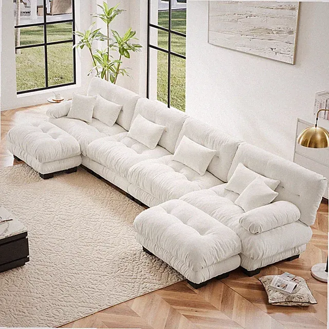 White Chenille U-Shaped Sectional Sofa Couch w/ 2 Ottomans, Living Room