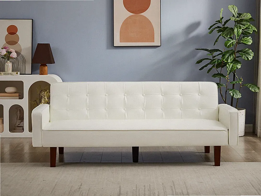 White Convertible Double Folding Sofa Bed PU Leather Tufted Buttons Wooden Feet