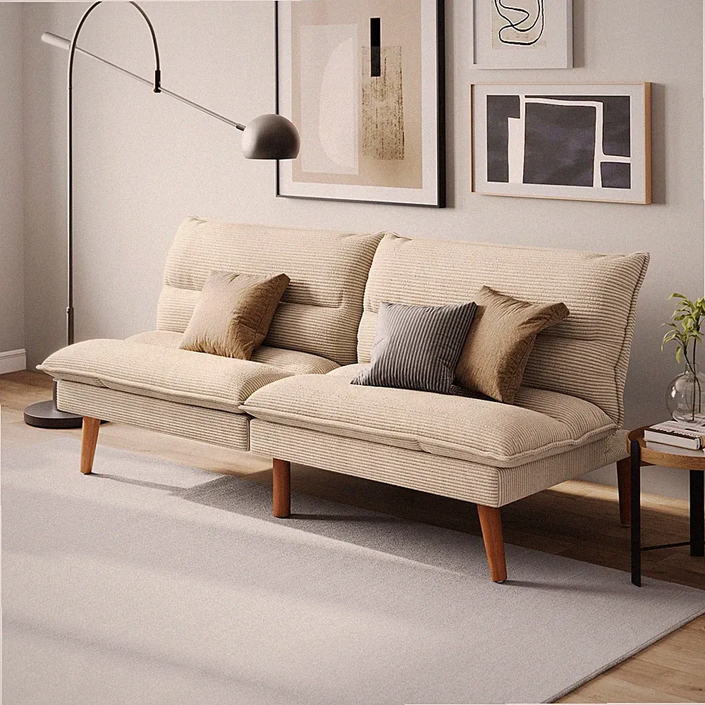 White Corduroy Futon Sofa Bed With Adjustable Backrest Modern Loveseat For
