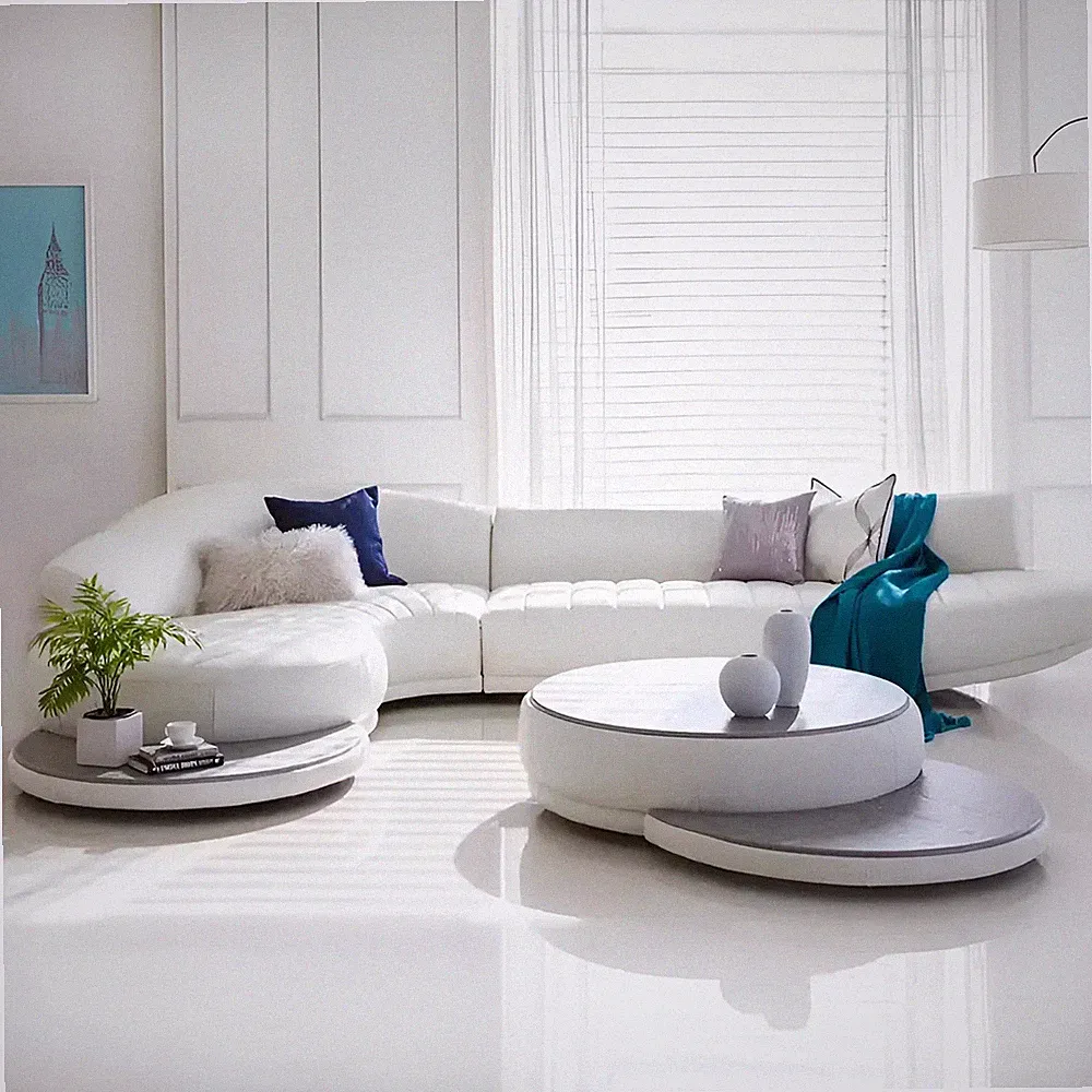 White Curved Genuine Leather Sectional Sofa