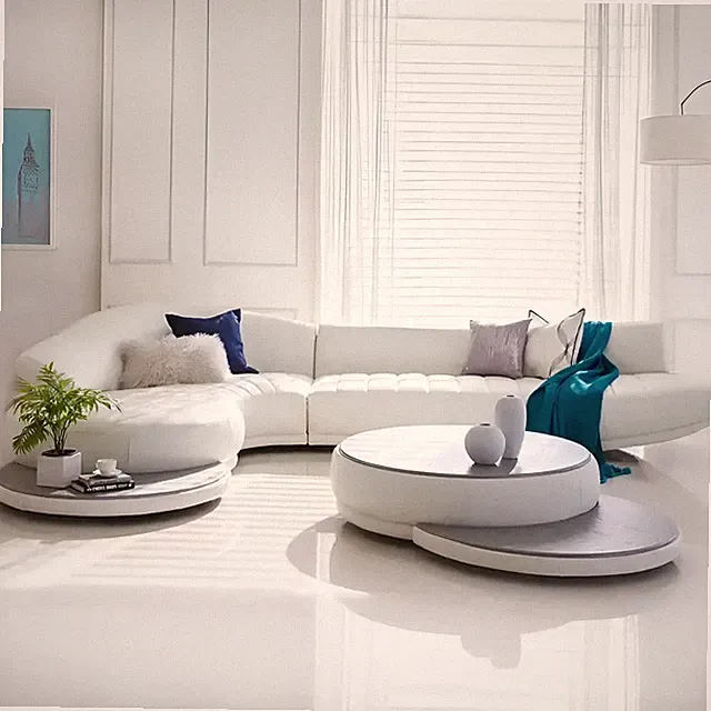 White Curved Genuine Leather Sectional Sofa