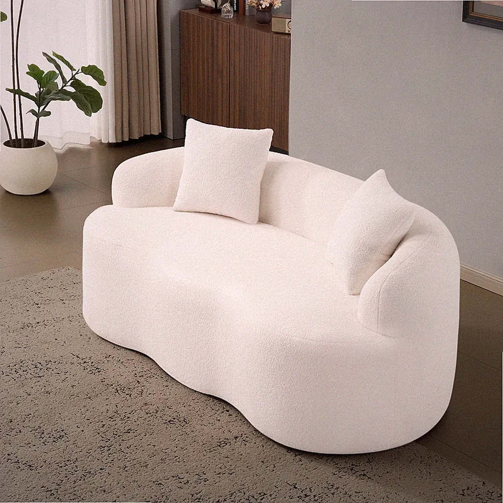 White Curved Loveseat Sofa w/Round Armrest,Compression Couch w/2 Pillows,Cream C
