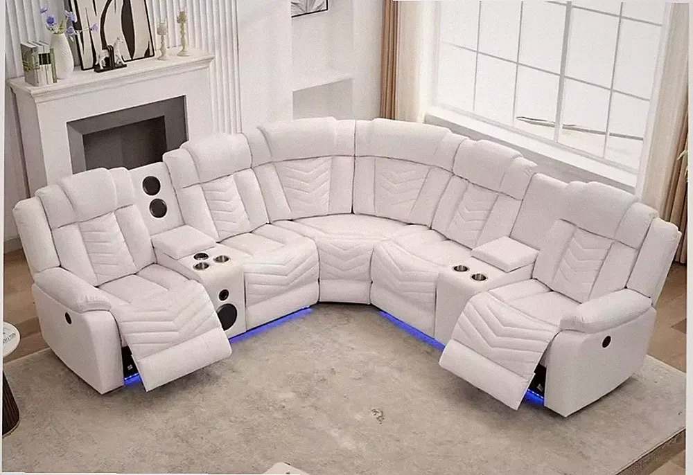 White Electric Reclining Sectional Sofa LED Lights Speakers L-Shaped Couch