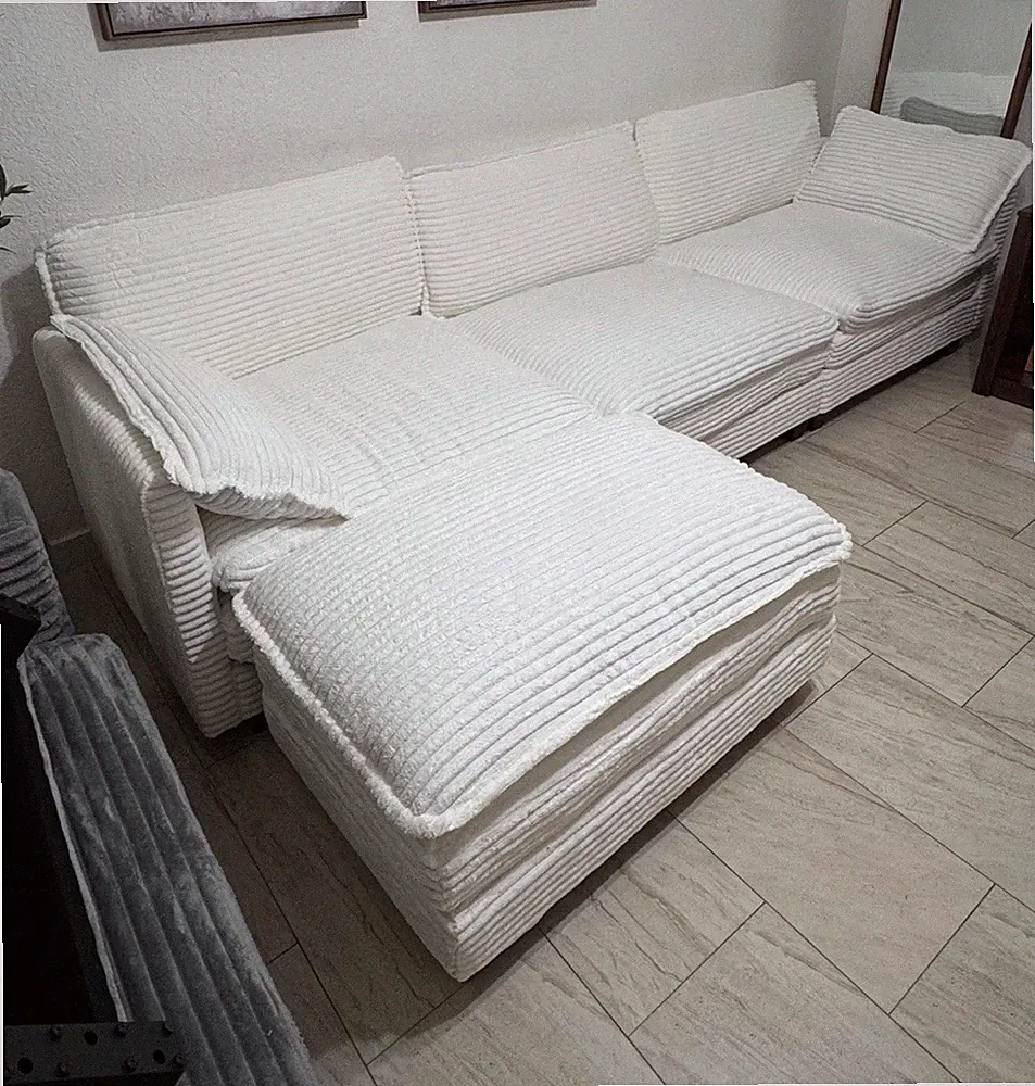 White Fabric Sectional Sofa with Chaise, 3-Seater, Modern, Black Frame