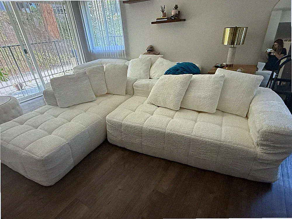 White Fabric Upholstered Sectional Sofa w/ Chaise, boneless, comes with pillows