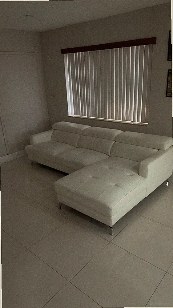 White Faux Leather Sectional Sofa w/ Chaise Lounge, Track Arms, Low Back