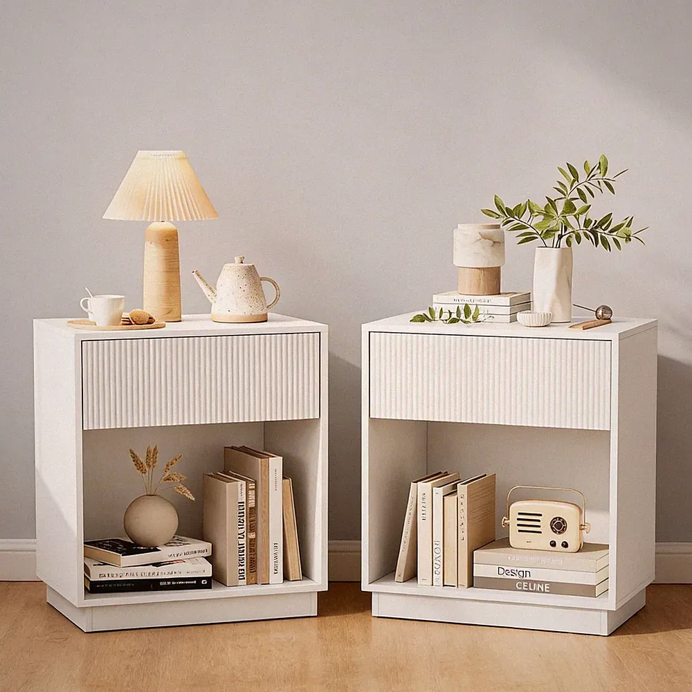 White Fluted Nightstands Set of 2 Mid Century Modern Bedside Table with Storage