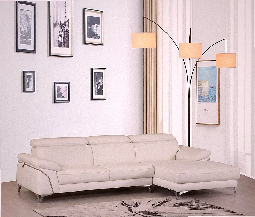 White Italian Leather L Shaped Two Piece Sofa and Chaise Sectional