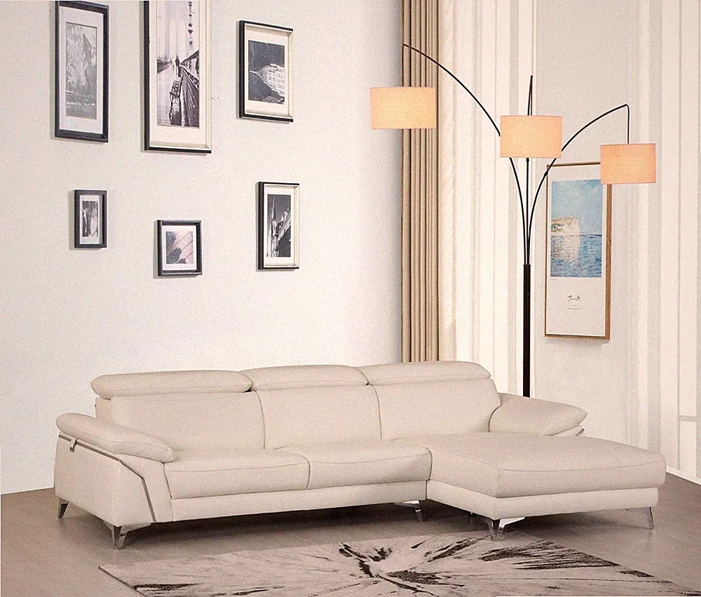 White Italian Leather L Shaped Two Piece Sofa and Chaise Sectional