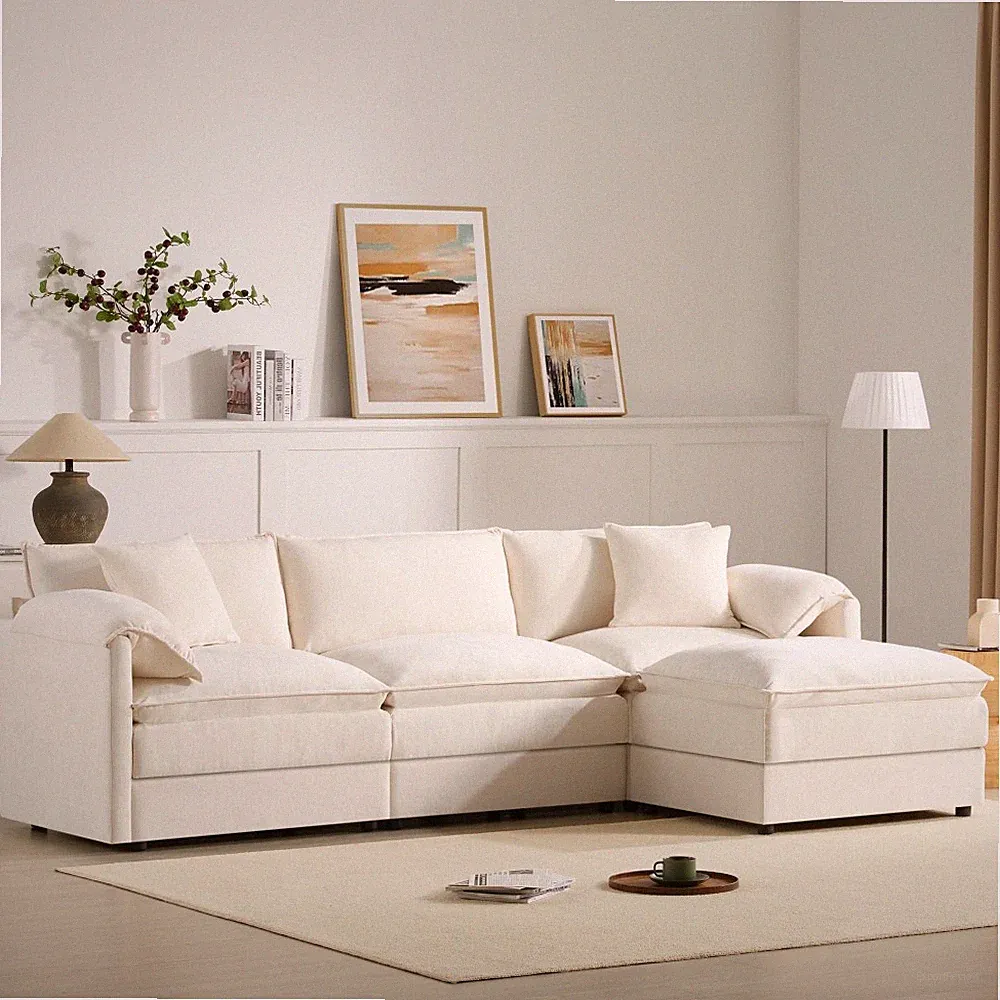 White L-Shaped 4-Seat Sectional Sofa Deep Seat Movable Ottoman Pillow Back