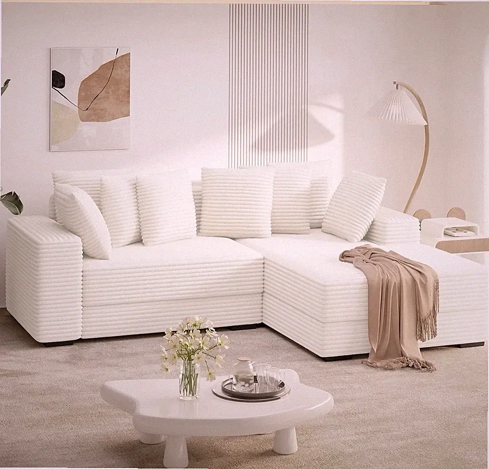 White L-Shaped Sectional Sofa with Cushions, Wood Frame, Fabric Upholstery