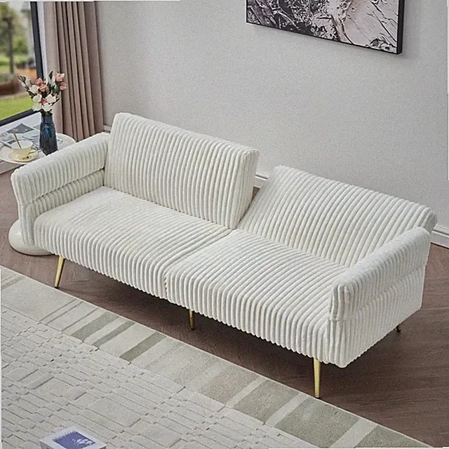 White Modern 79-Inch Comfy Corduroy Sofa Futon Bed And Pillows With Gold Legs