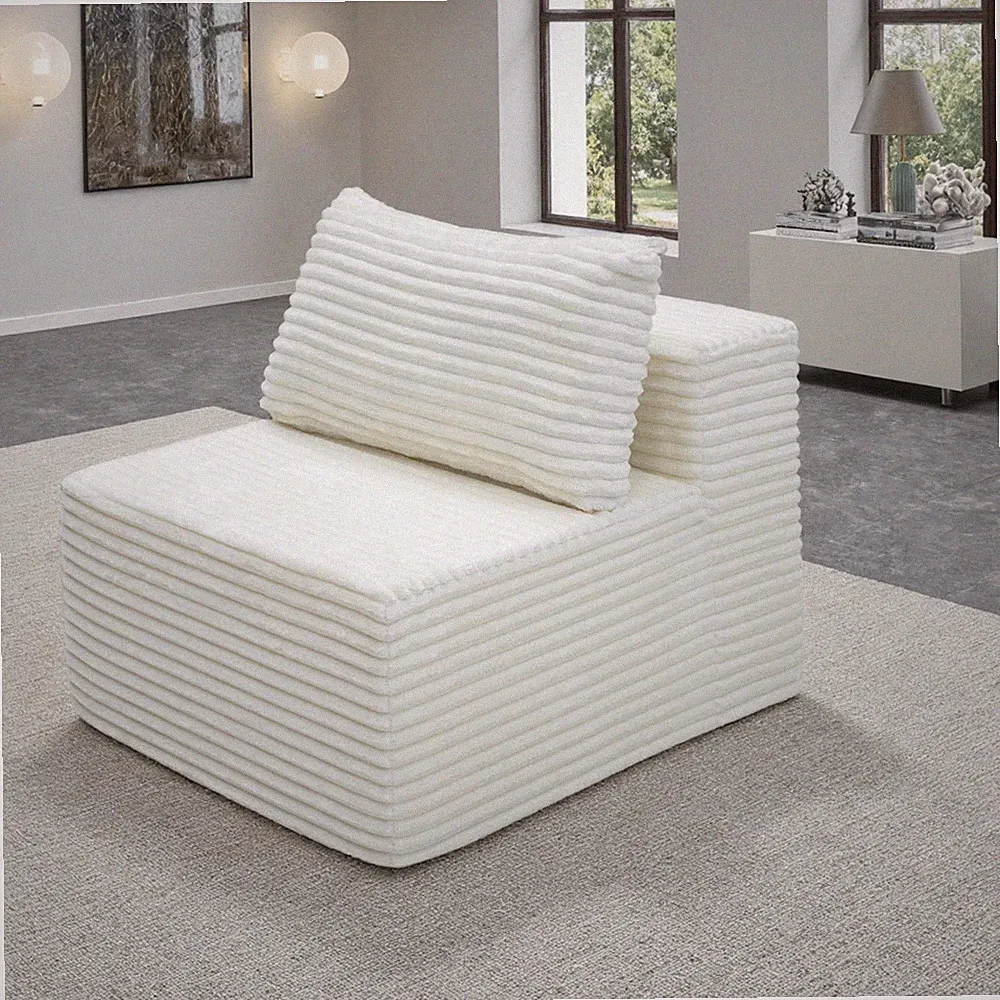 White Plush Corduroy Modular Sectional Sofa with Chaise Lounge