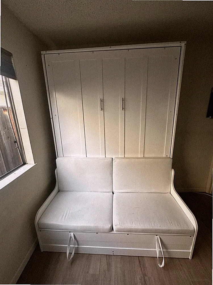 White Queen Murphy Bed with Built-In Bench Seating Couch – Space Saving Wall Bed
