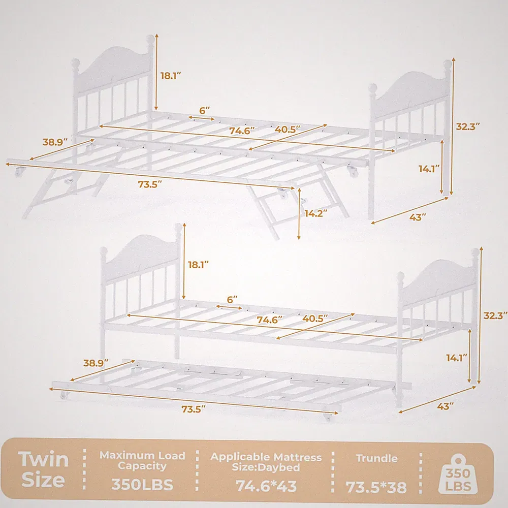 White Sofa Bed Frame Metal Frame With Wheels Space Saving For Bedroom Guest Room
