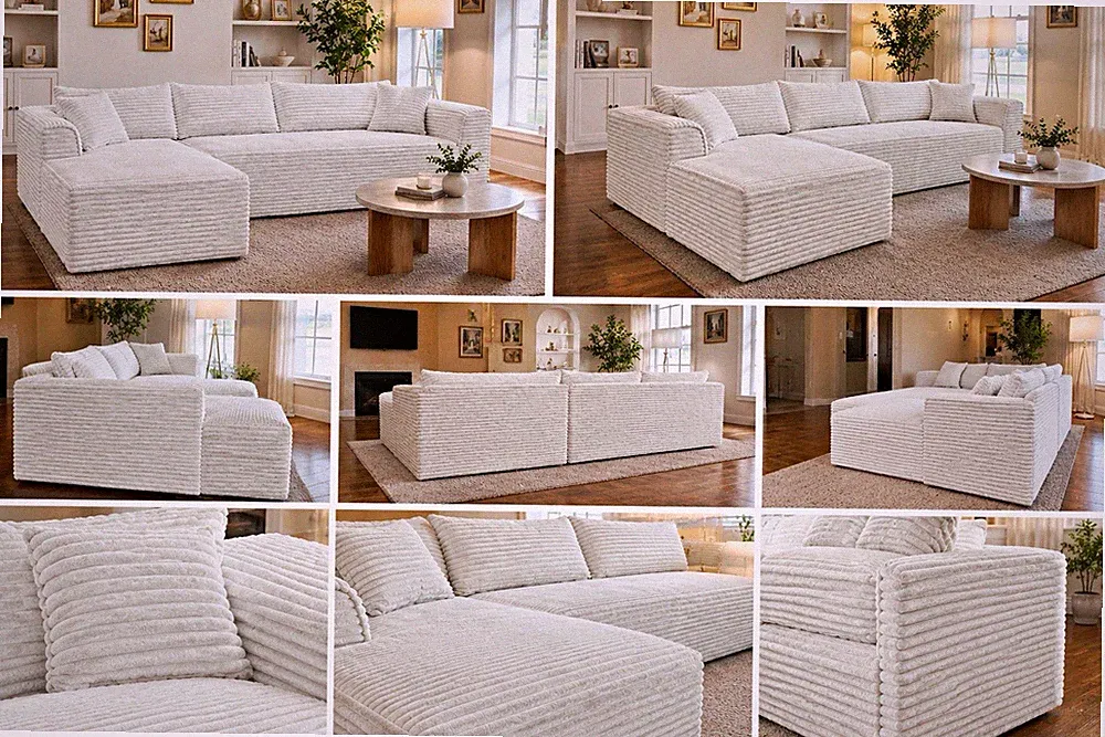 White Striped Fabric Sectional Sofa with Chaise for Living Room