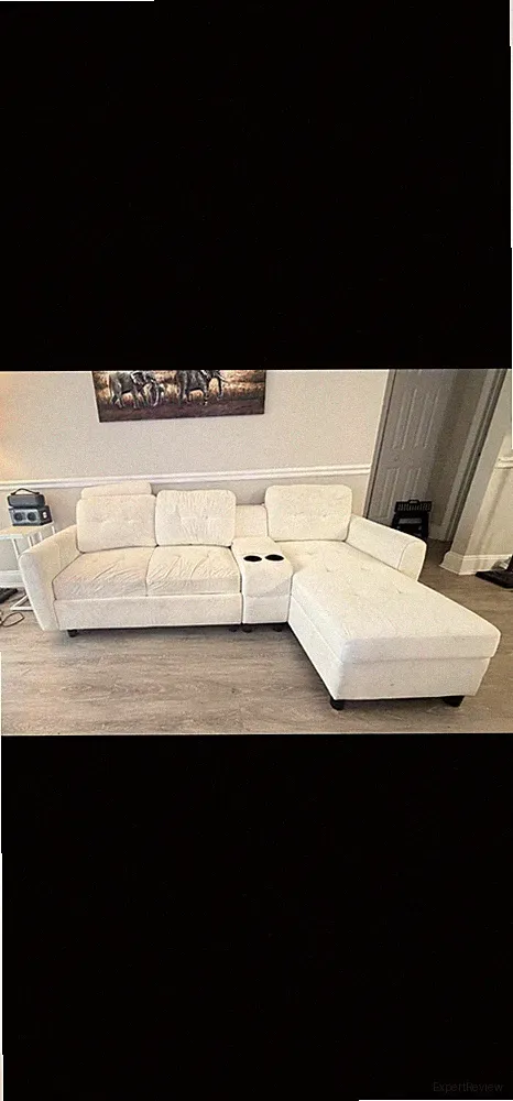 White Upholstered Sectional Sofa with Chaise & Console Cup Holders