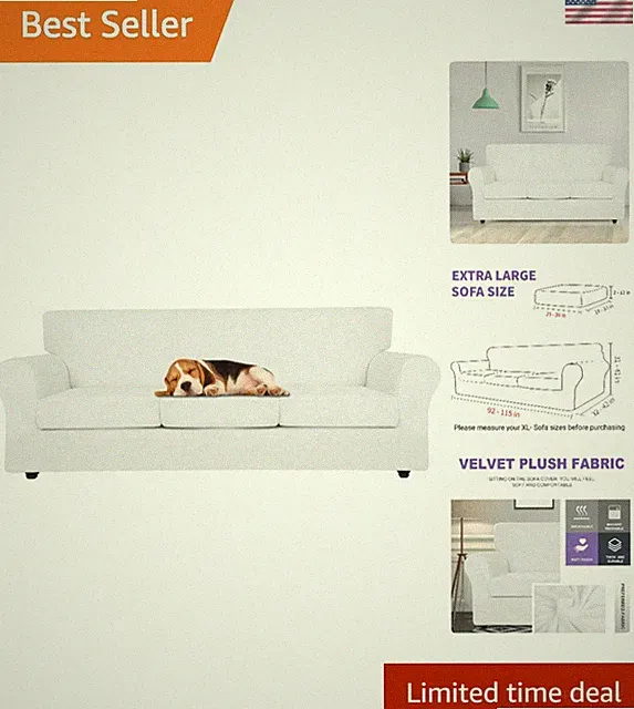 White Velvet Sofa Cover Set - 4 Pieces, 92"-115" with Easy Care Design