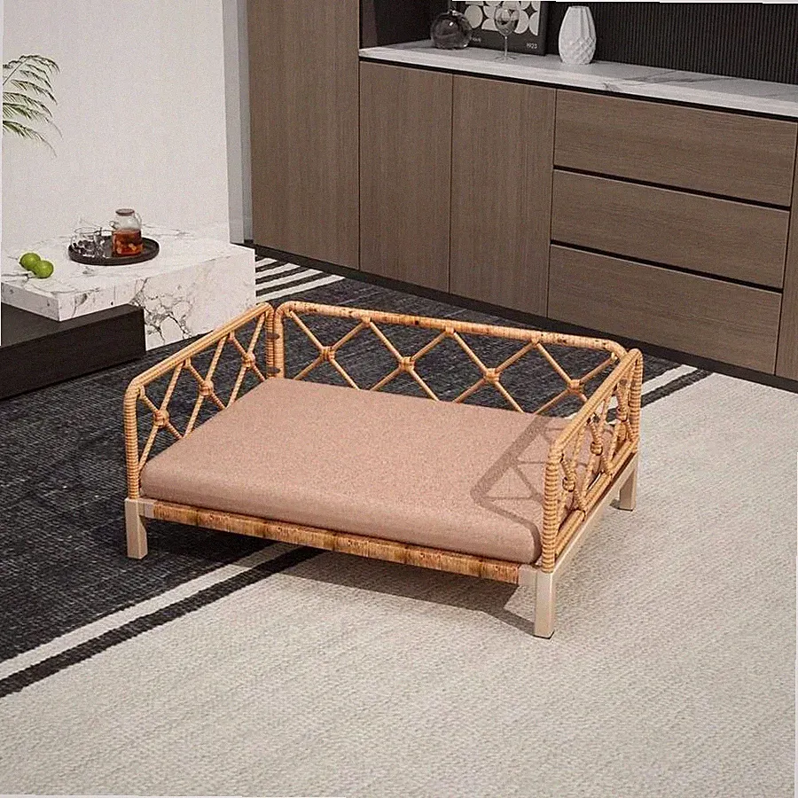 Wicker Dog Bed 2 Cushion Rattan Sofa Small Medium Dogs Indoor Outdoor Metal
